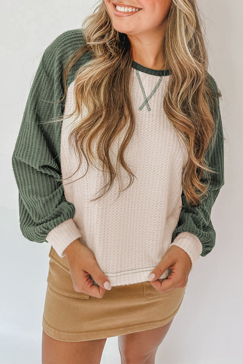 Waffle Color Block Raglan Sleeve Top