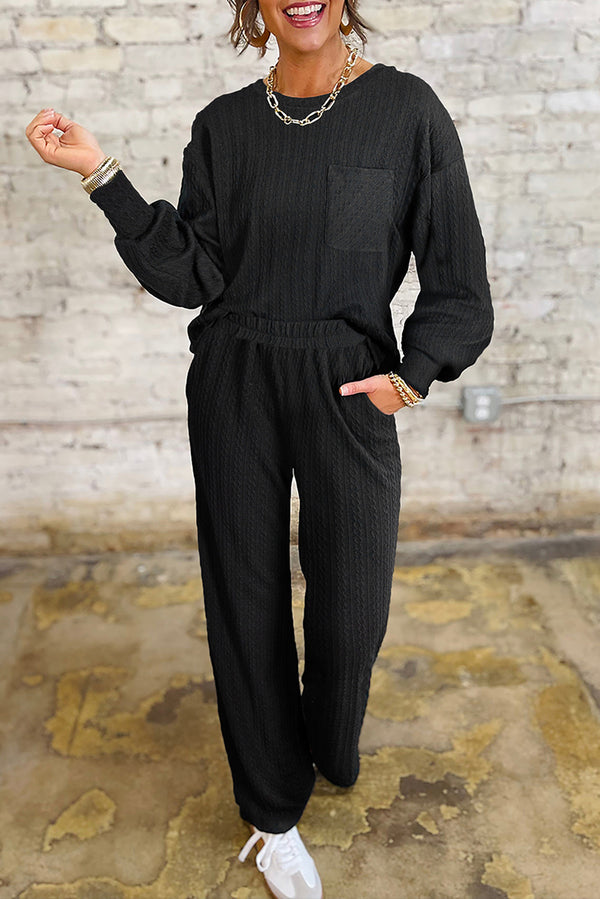 Textured Chest Pocket Long Sleeve Top 2Pcs Pants Set