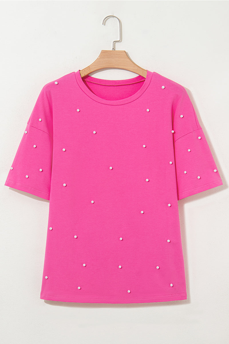Solid Pearl Beaded Drop Shoulder Crewneck T Shirt