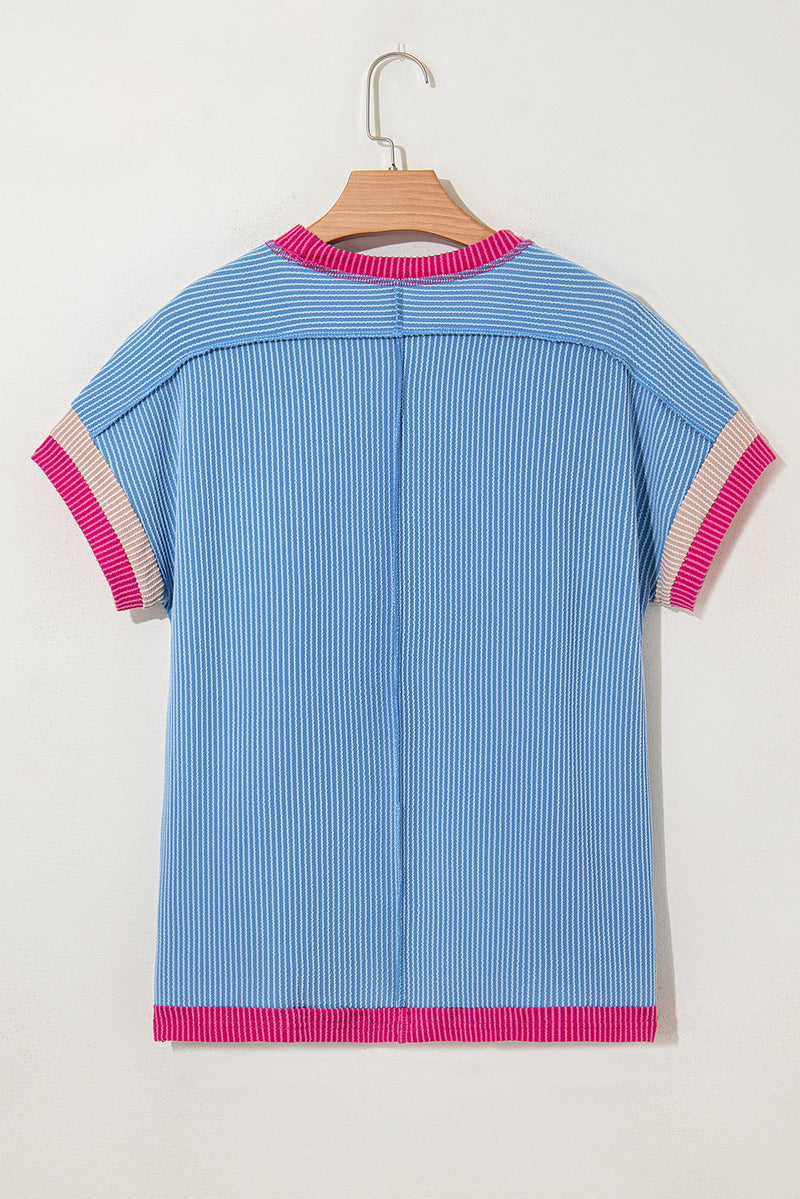 Textured Contrast Trim Round Neck T Shirt
