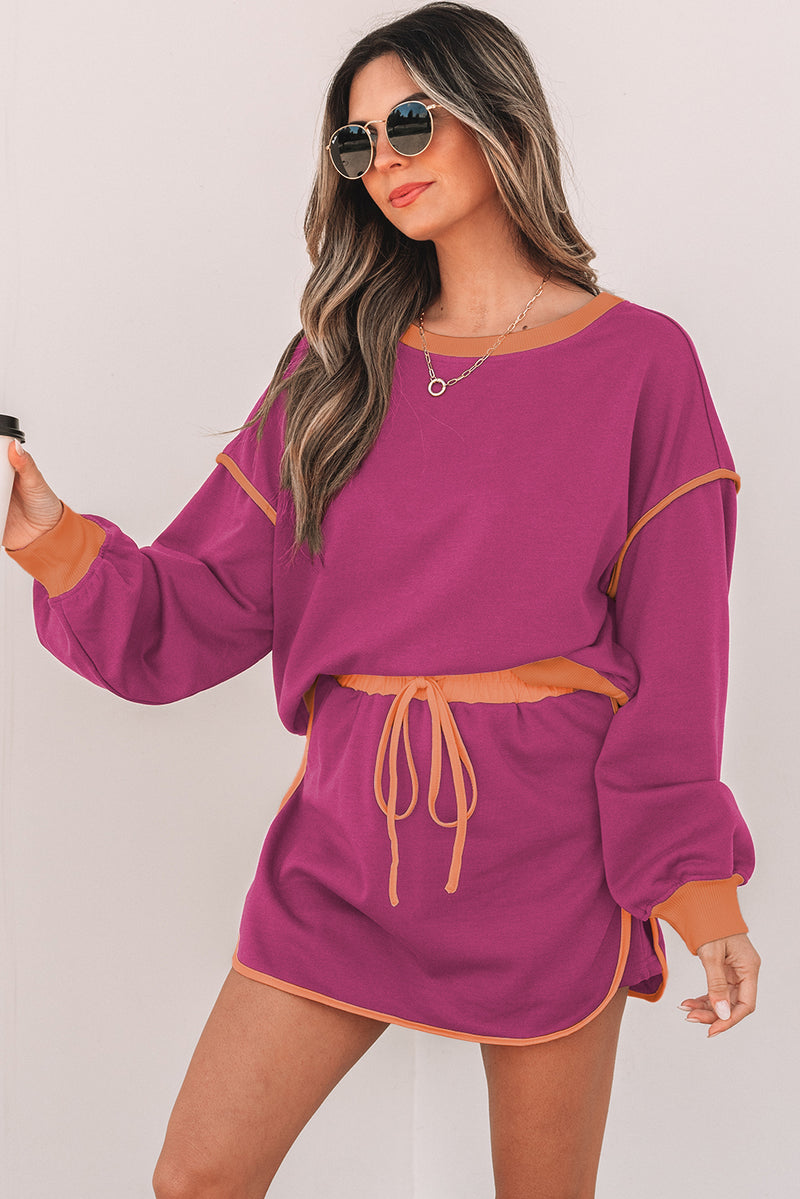 Color Contrast Loose Pullover and Lace-up Waist Skort Set