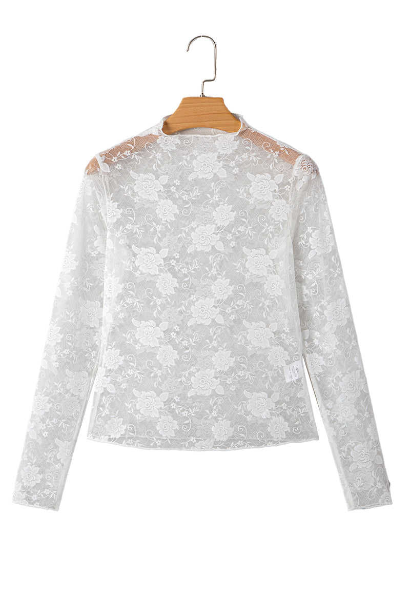 Sheer Floral Lace Mesh Mock Neck Long Sleeve Top
