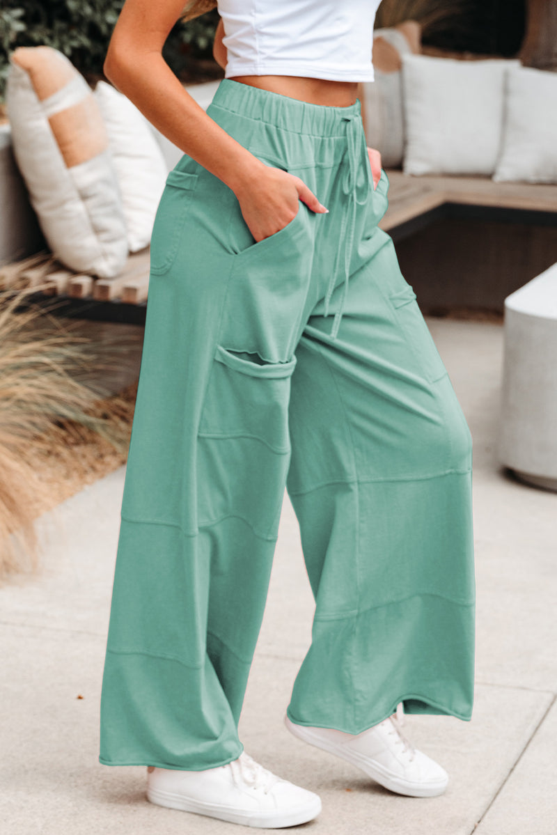 Mineral Wash Exposed Seam Drawstring Elastic Waistband Wide Leg Cargo Pants