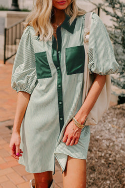 Patch Pockets Button Down Short Puff Sleeve Dress