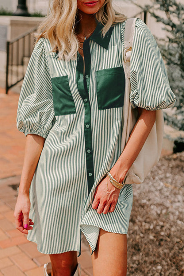 Patch Pockets Button Down Short Puff Sleeve Dress