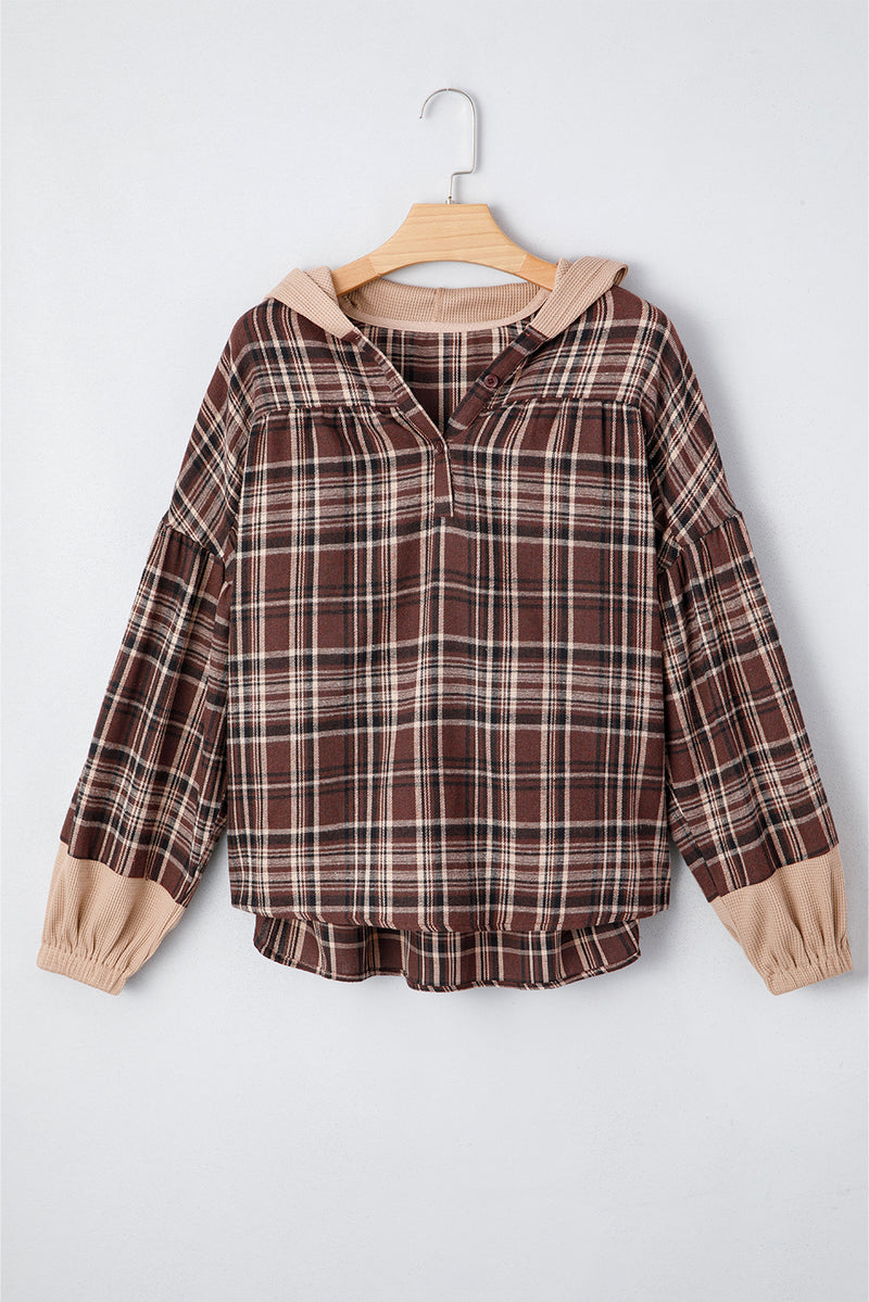 Plaid Patchwork Long Sleeve Button Hooded Blouse