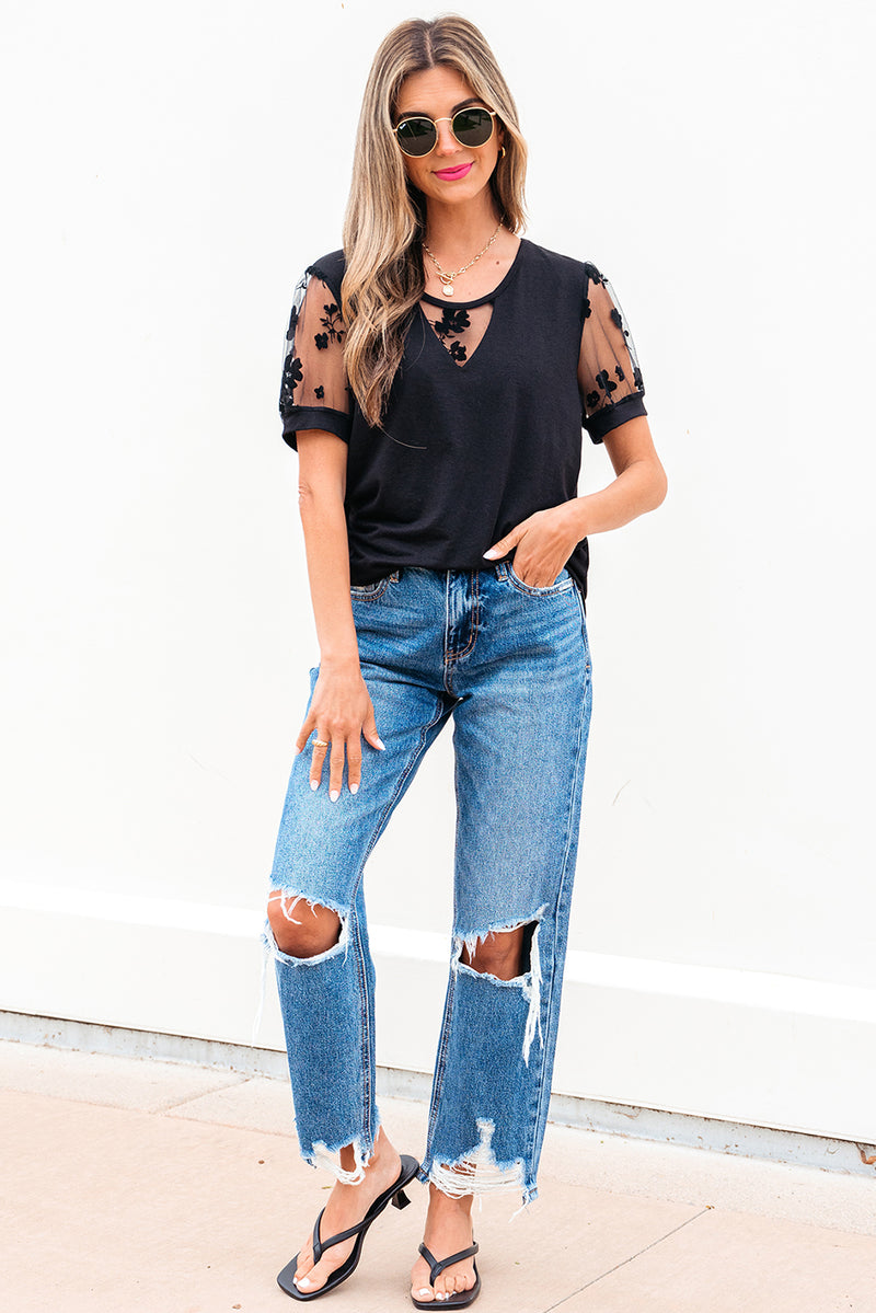 Floral Lace Patchwork Crew Neck T Shirt