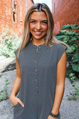 Striped Print Buttoned Wide Leg Sleeveless Jumpsuit
