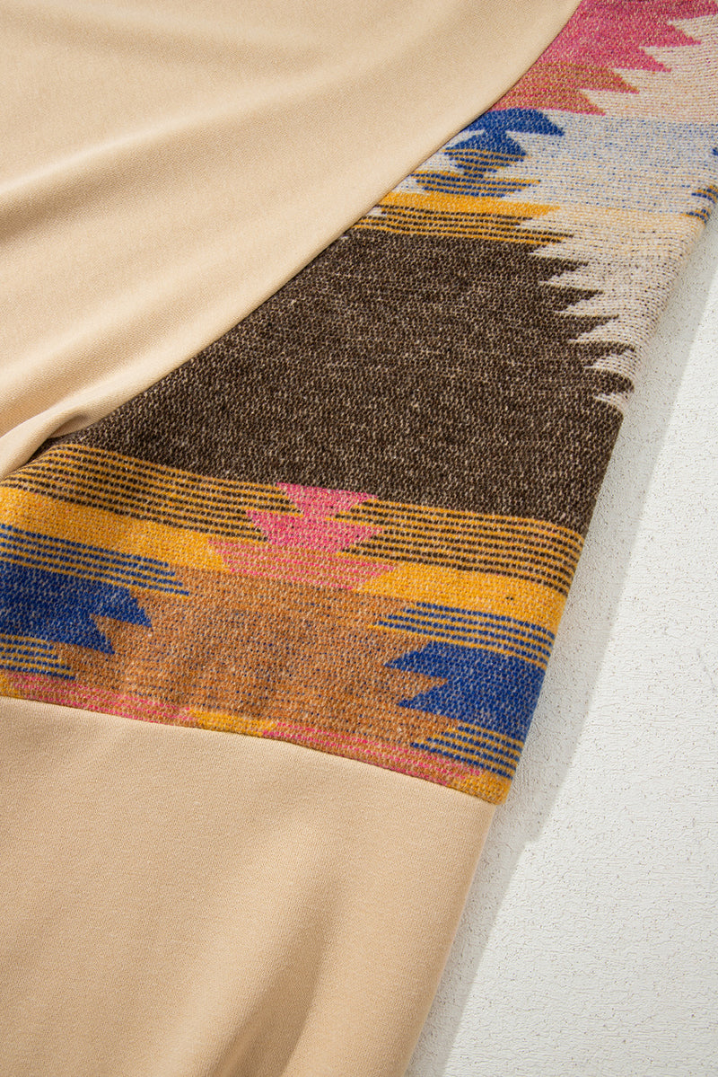 Light French Aztec Patchwork Raglan Pullover Sweatshirt