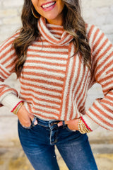Orange Stripe Cowl Neck Drop Shoulder Sweater