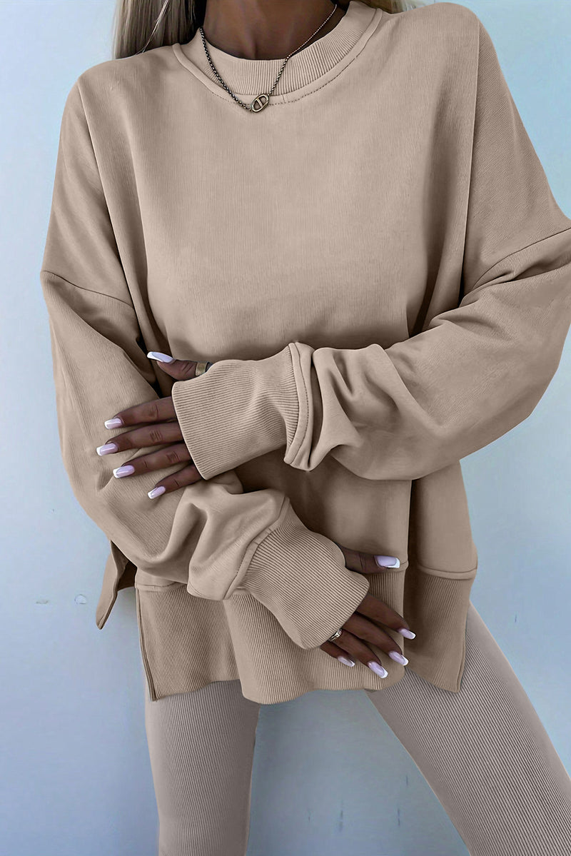 Beige Solid Color Oversize Slit Sweatshirt Ribbed Leggings 2pcs Set