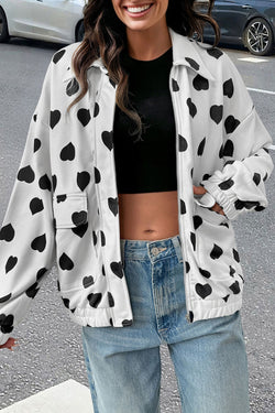 Double Flap Pocket Heart Print Collar Zip Jacket