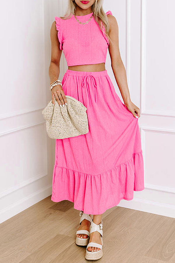 Pink Textured Ruffle Trim Crop Vest Lace-up Long Skirt Set