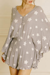 Star Print Crinkle Textured Kimono Ruffle Sleeve Romper
