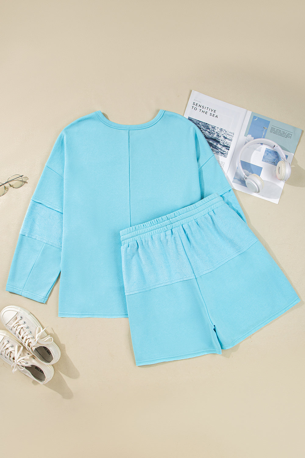 Plus Size Solid Color Splicing Raw Hem Pullover Top Shorts Set