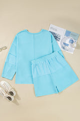 Plus Size Solid Color Splicing Raw Hem Pullover Top Shorts Set