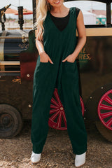 Corduroy V Neck Patched Pocket Sleeveless Jumpsuit