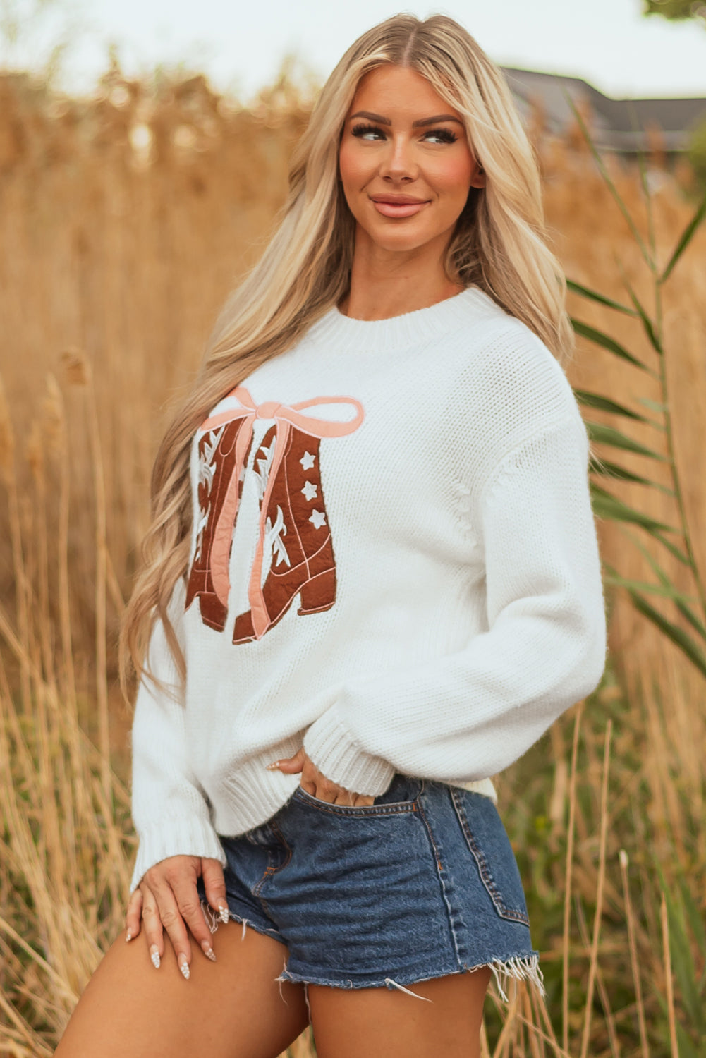 Embroidered Bow Boots Graphic Drop Shoulder Sweater