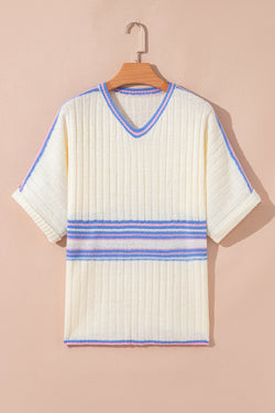 Striped V Neck Dolman Sleeve Rib Knit Oversized Sweater with Slits