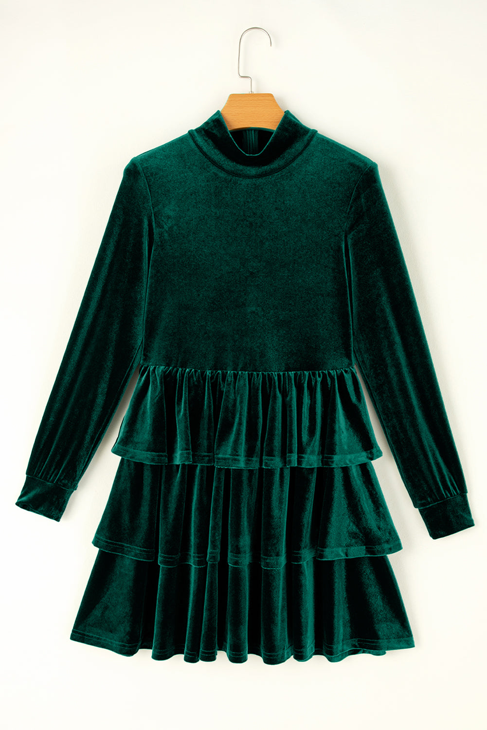 Solid Velvet High Neck Tiered Ruffle Mini Dress
