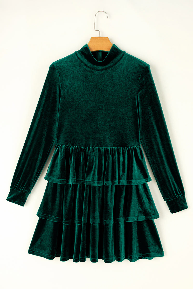 Solid Velvet High Neck Tiered Ruffle Mini Dress