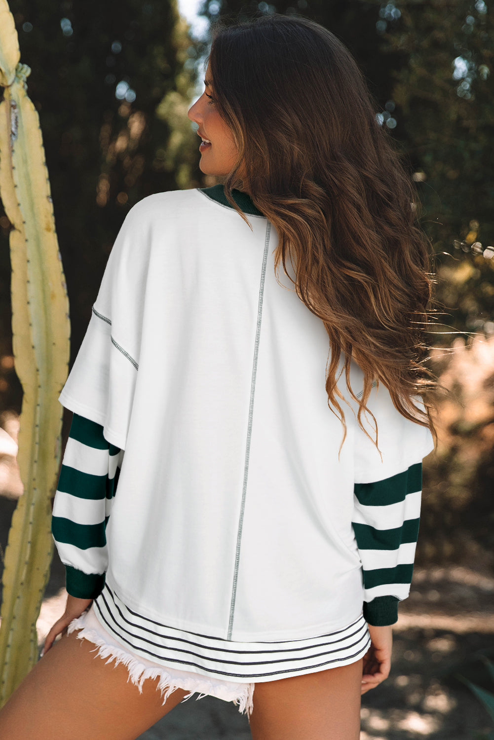Stripe Colorblock Sleeve Exposed Seam Fake-2-Piece Sweatshirt