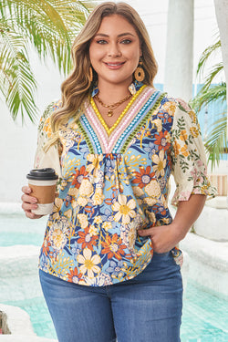 Plus Size Floral Print Woven V Neck Half Sleeve Blouse