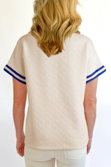 Preppy Striped Trim Textured Quarter Zipper Colorblock Short Sleeve Top