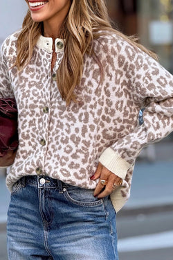 Leopard Drop Shoulder Chunky Knitted Cardigan Sweater
