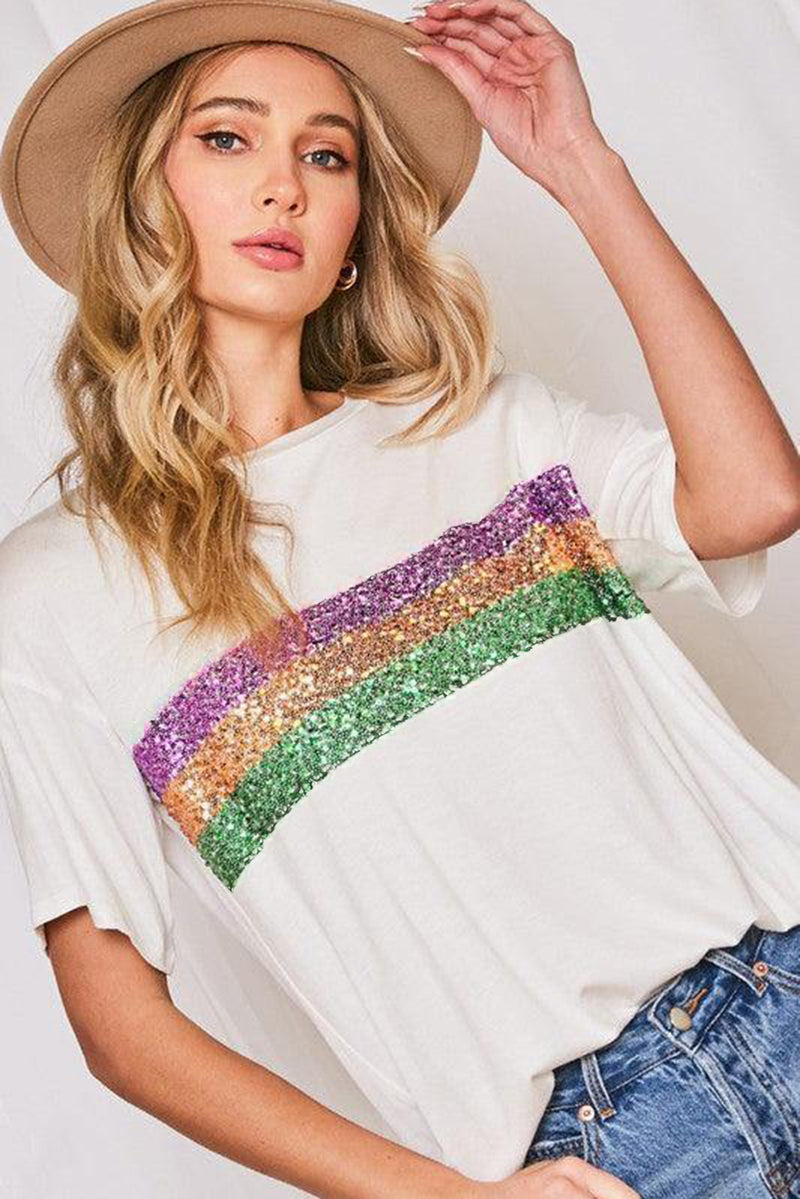 Sequin Stripes Patchwork Mardi Gras Crew Neck T Shirt