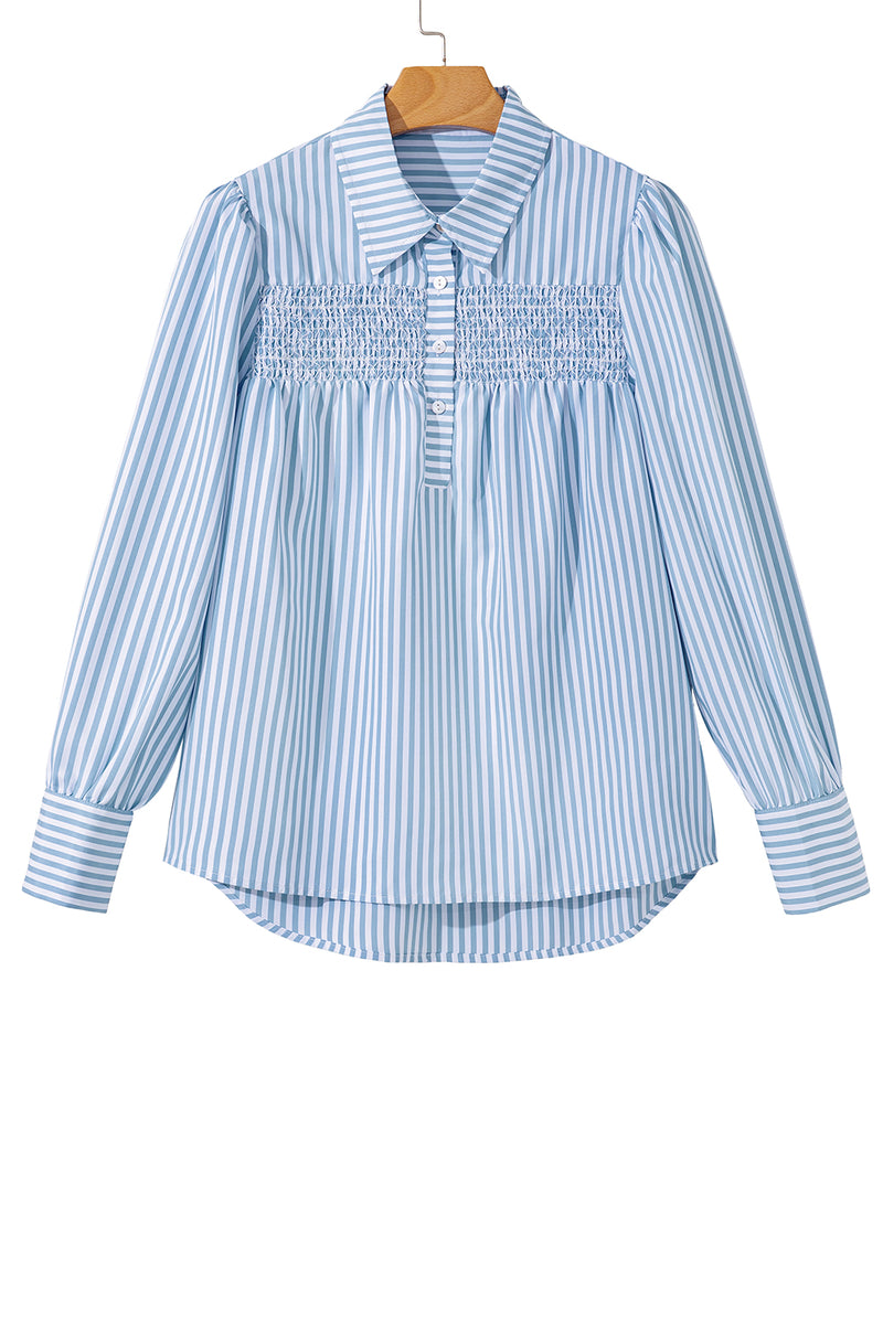 Stripe Shirred Detail Half Placket Collared Long Sleeve Fall Shirt