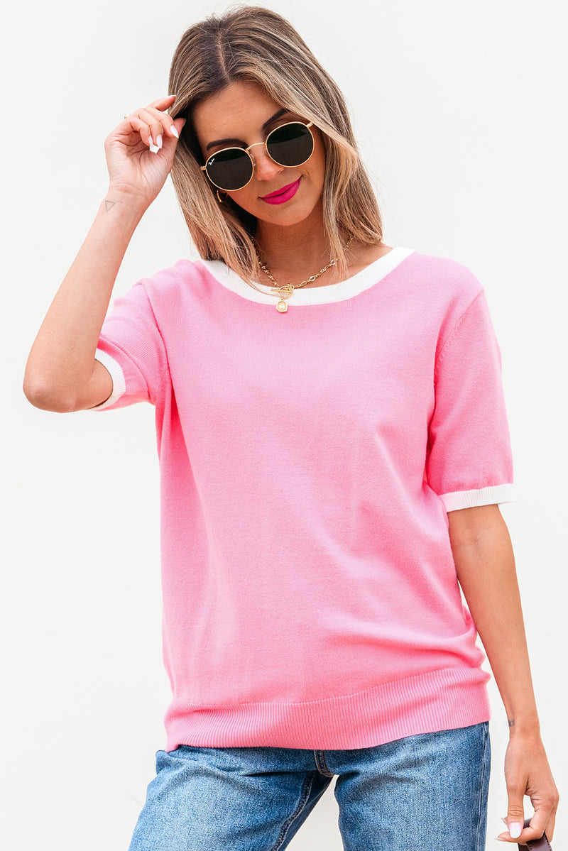 Colorblock Bow V-Shape Cut Back Short Sleeve Sweater