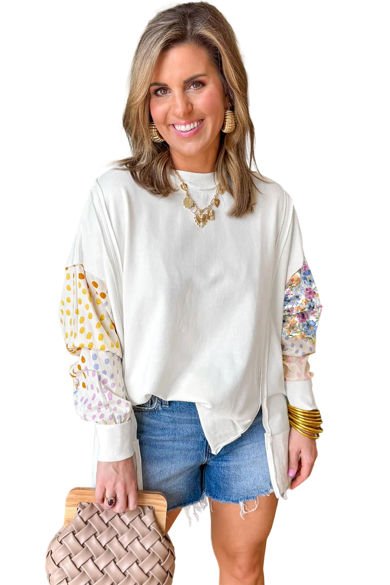 Floral Dotted Mixed Print Patchwork Sleeve High Low Casual Sweatshirt