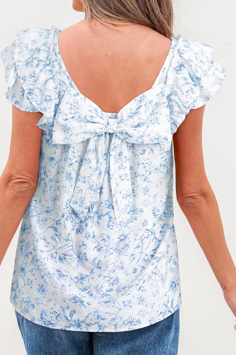 Floral Ruffled Short Sleeve Bow Back Square Neck Blouse