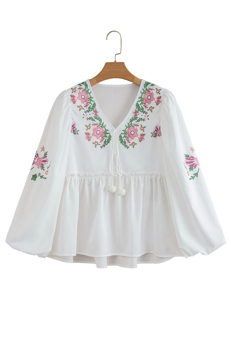 Flower Lace-up V Neck Babydoll Blouse