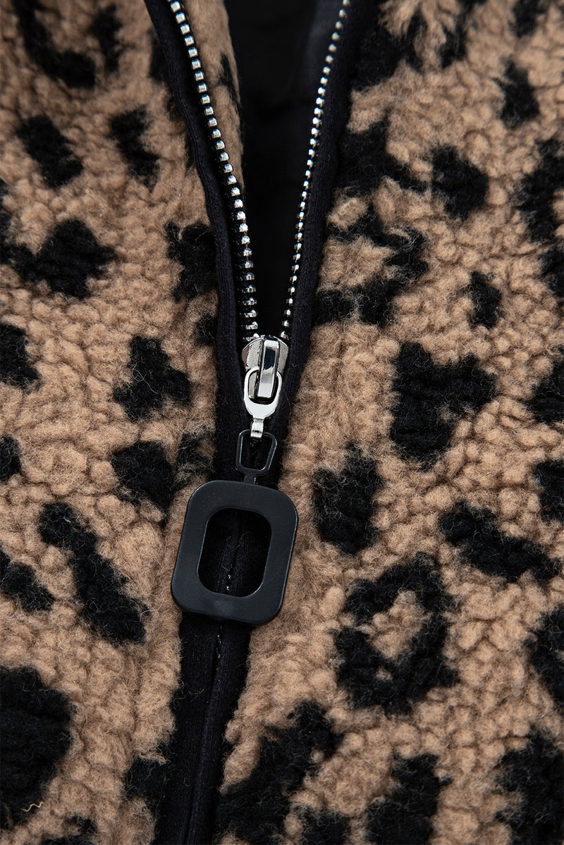 Leopard Print Zip Up Stand Neck Side Pocket Jacket