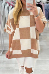 Checkered Pattern Loose Drop Shoulder Half Sleeve Sweater