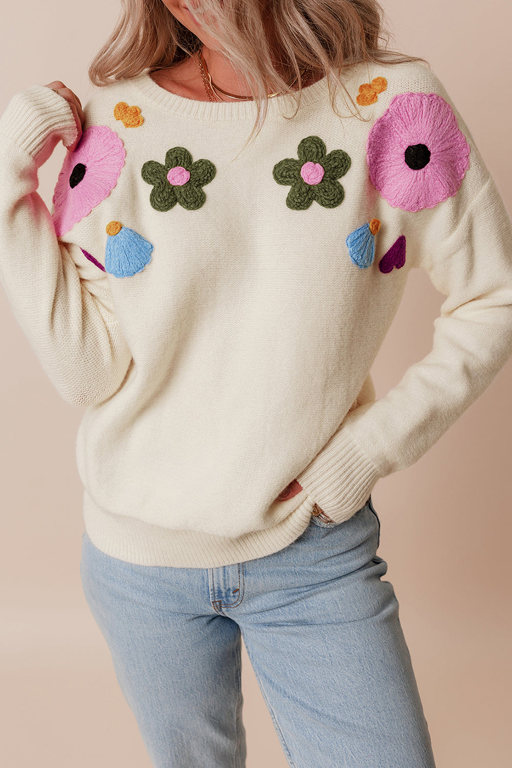 Soft Colored Knitted Flower Pattern Ribbed Edge Sweater