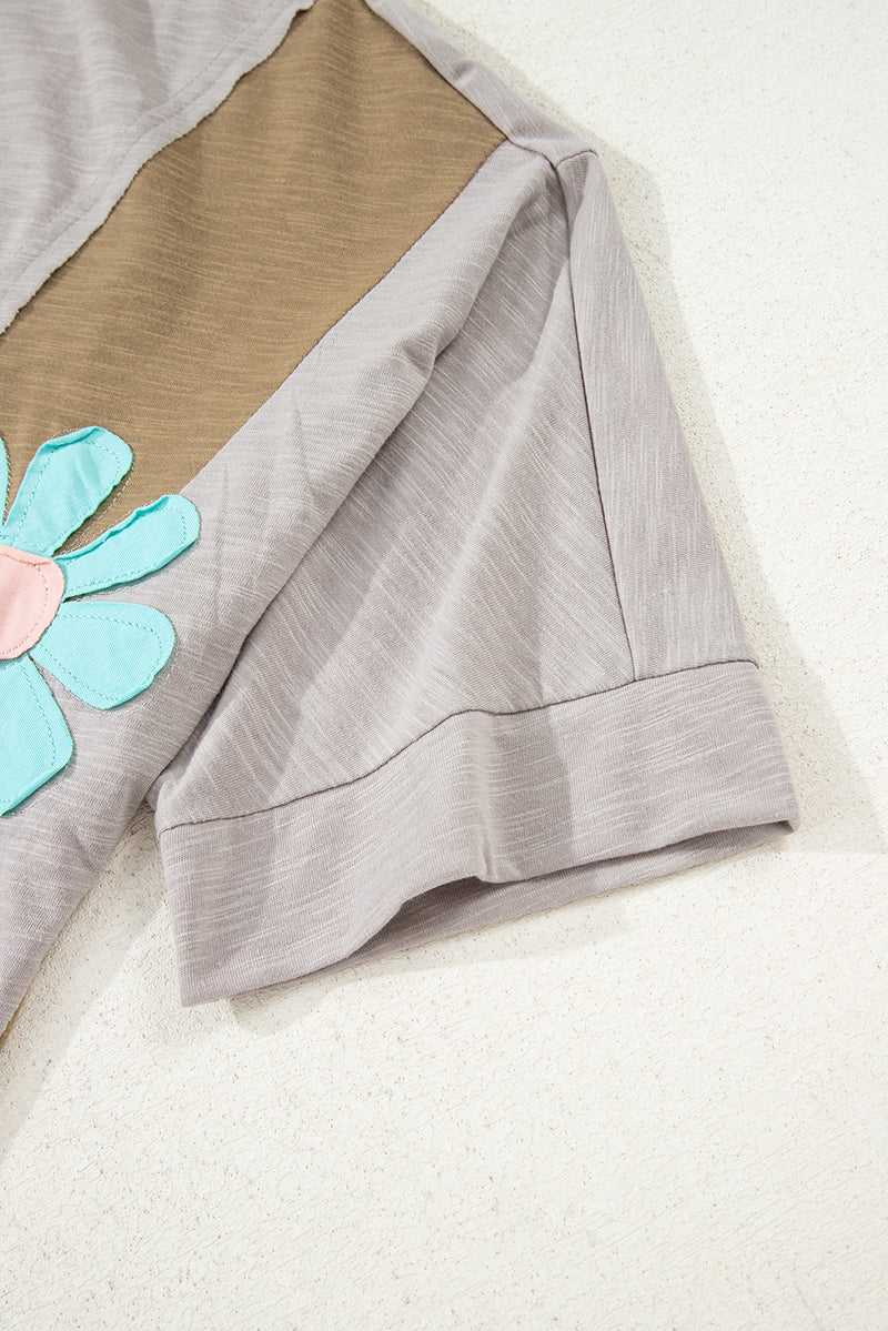 Flower Patched Exposed Seam Bracelet Sleeve Oversized T Shirt