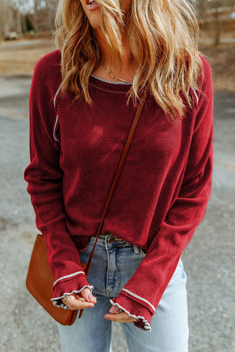 Solid Textured Round Neck Long Sleeve Top