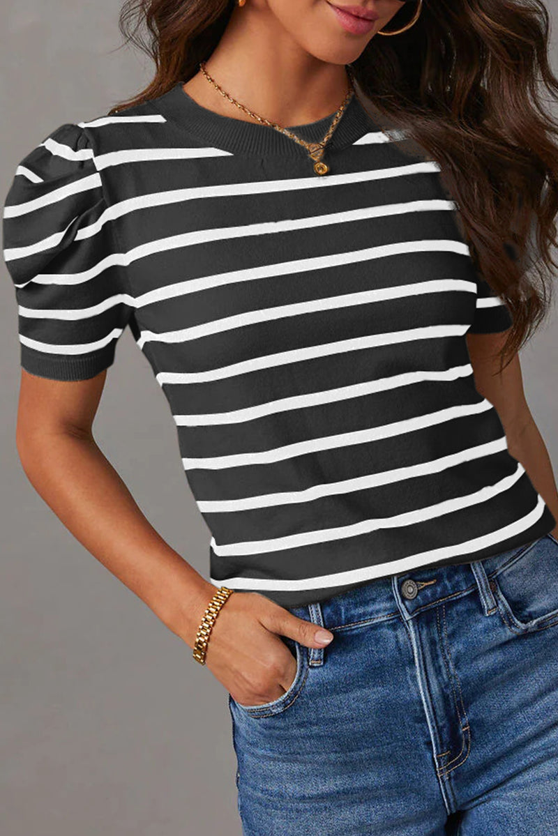 Stripe Ribbed Trim Round Neck Bubble Sleeve Knitted Top
