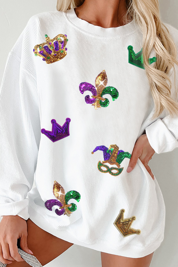 Sequin Mardi Gras Symbol Crown Mask Patched Corded Sweatshirt