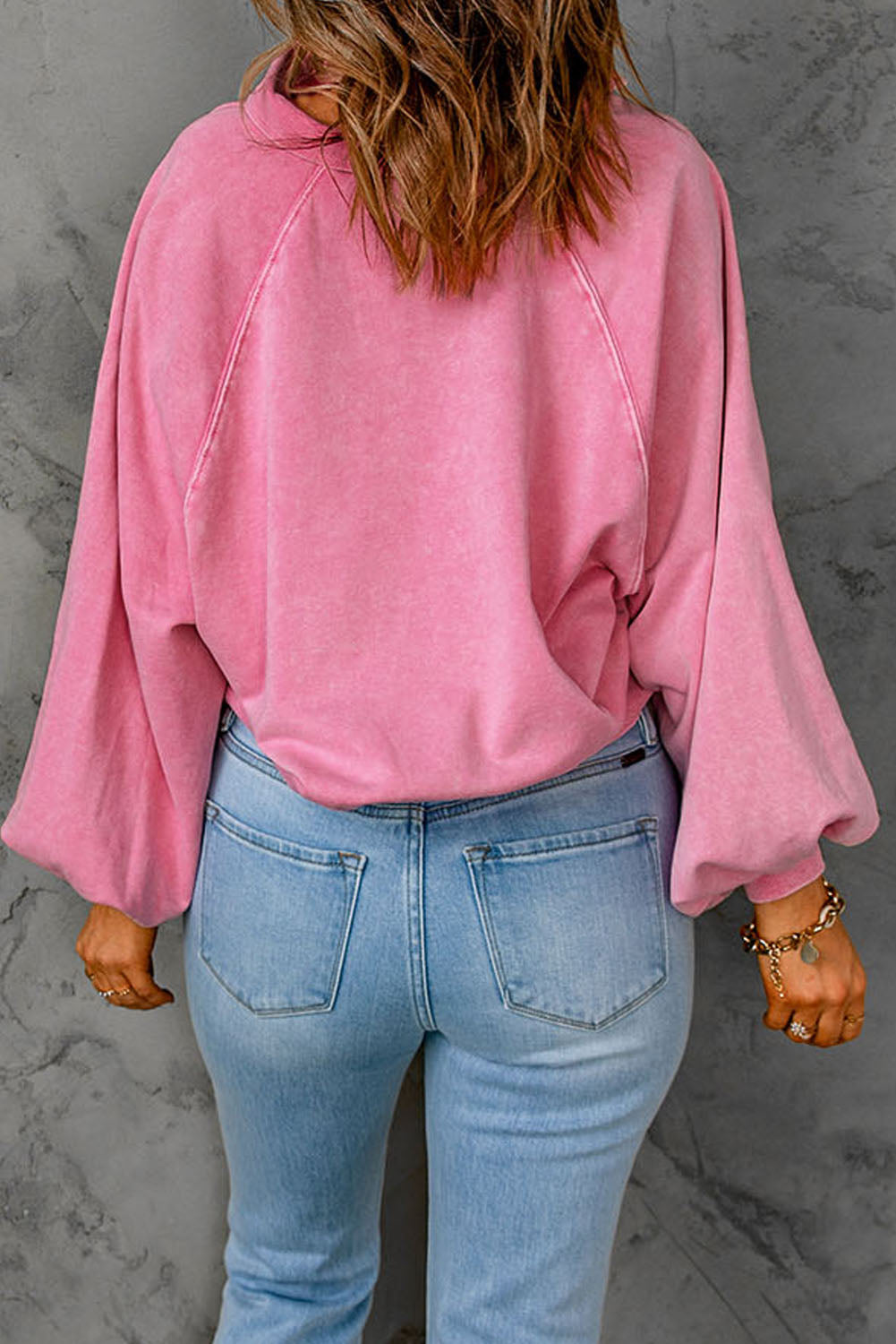 Solid Washed Snap Buttons Lantern Sleeve Pullover Sweatshirt