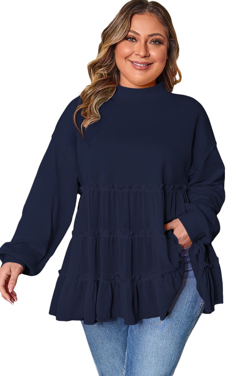 Tiered Ruffle Ribbed Crew Neck Pullover Plus Size Top