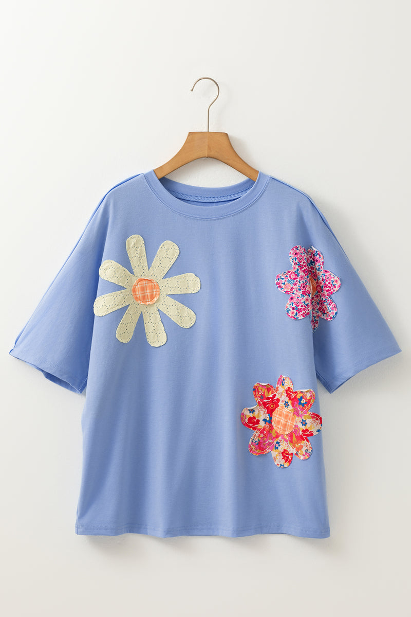 Flower Patched Exposed Stitching Trim Crew Neck Loose Tee