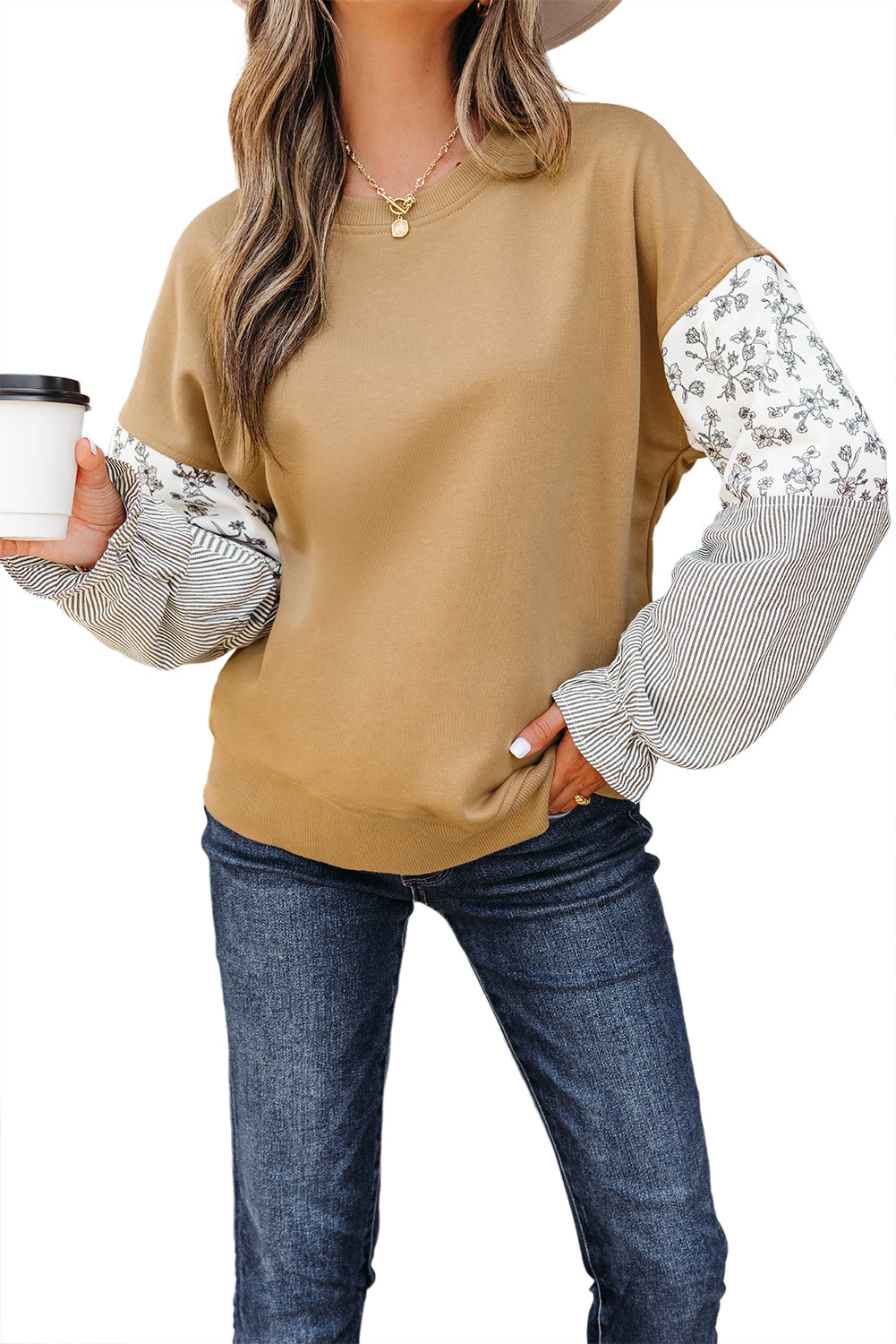 Floral Striped Patchwork Ruffled Sleeve Crew Neck Sweatshirt