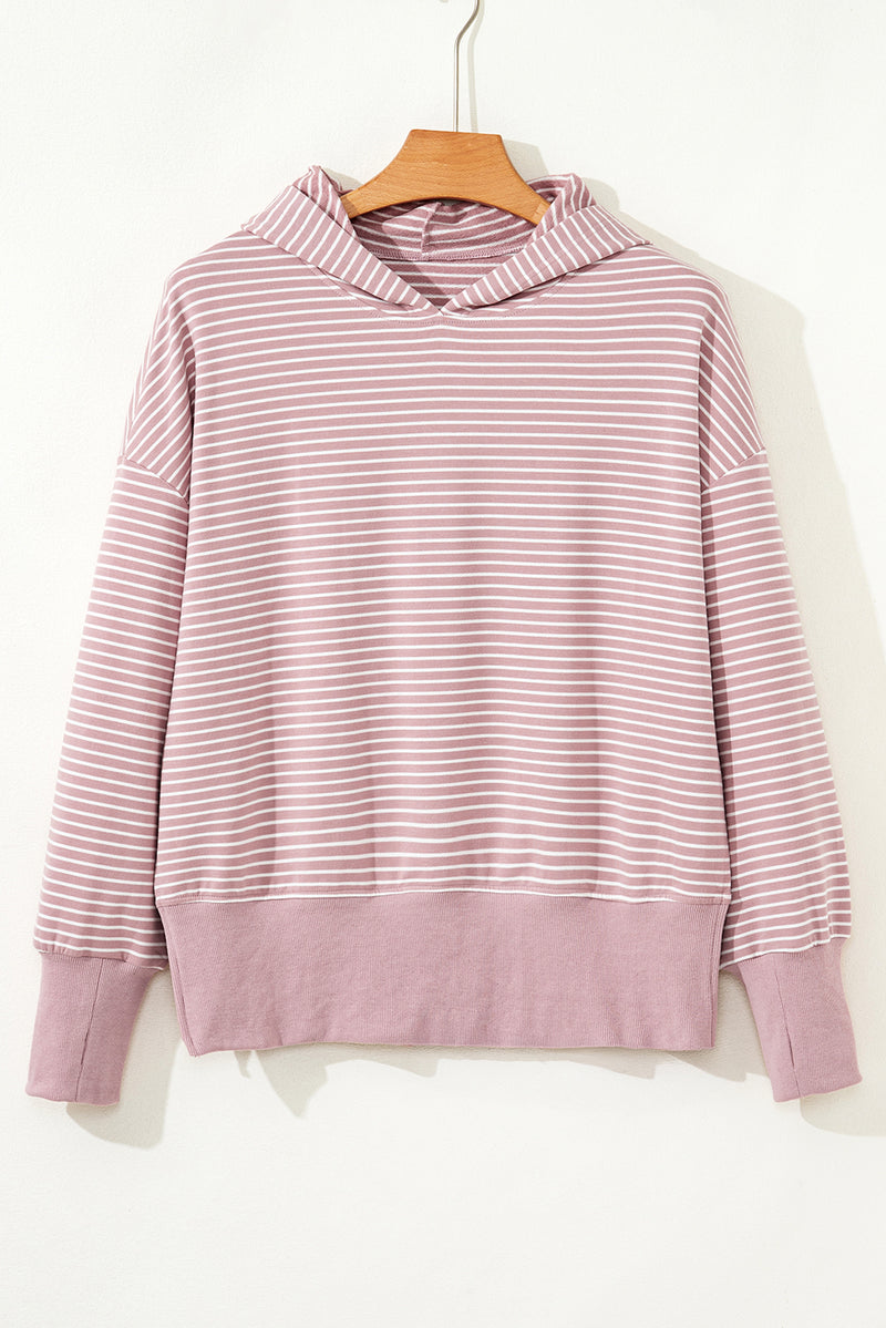 Stripe Thumbhole Side Slits Drop Shoulder Loose Fit Hoodie