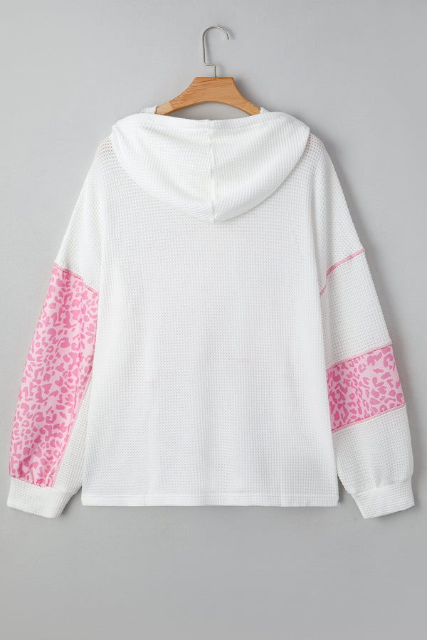 Stripe Leopard Patchwork Waffle Knit Buttoned Plus Size Hoodie