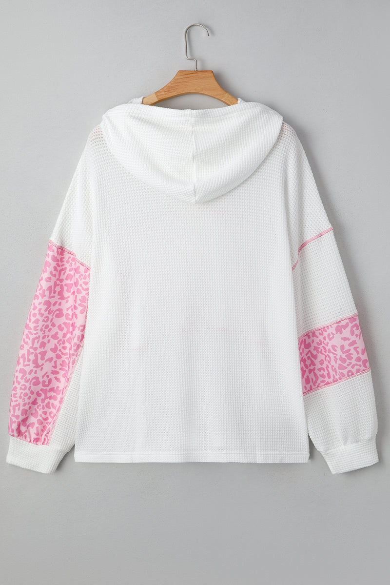 Stripe Leopard Patchwork Waffle Knit Buttoned Plus Size Hoodie