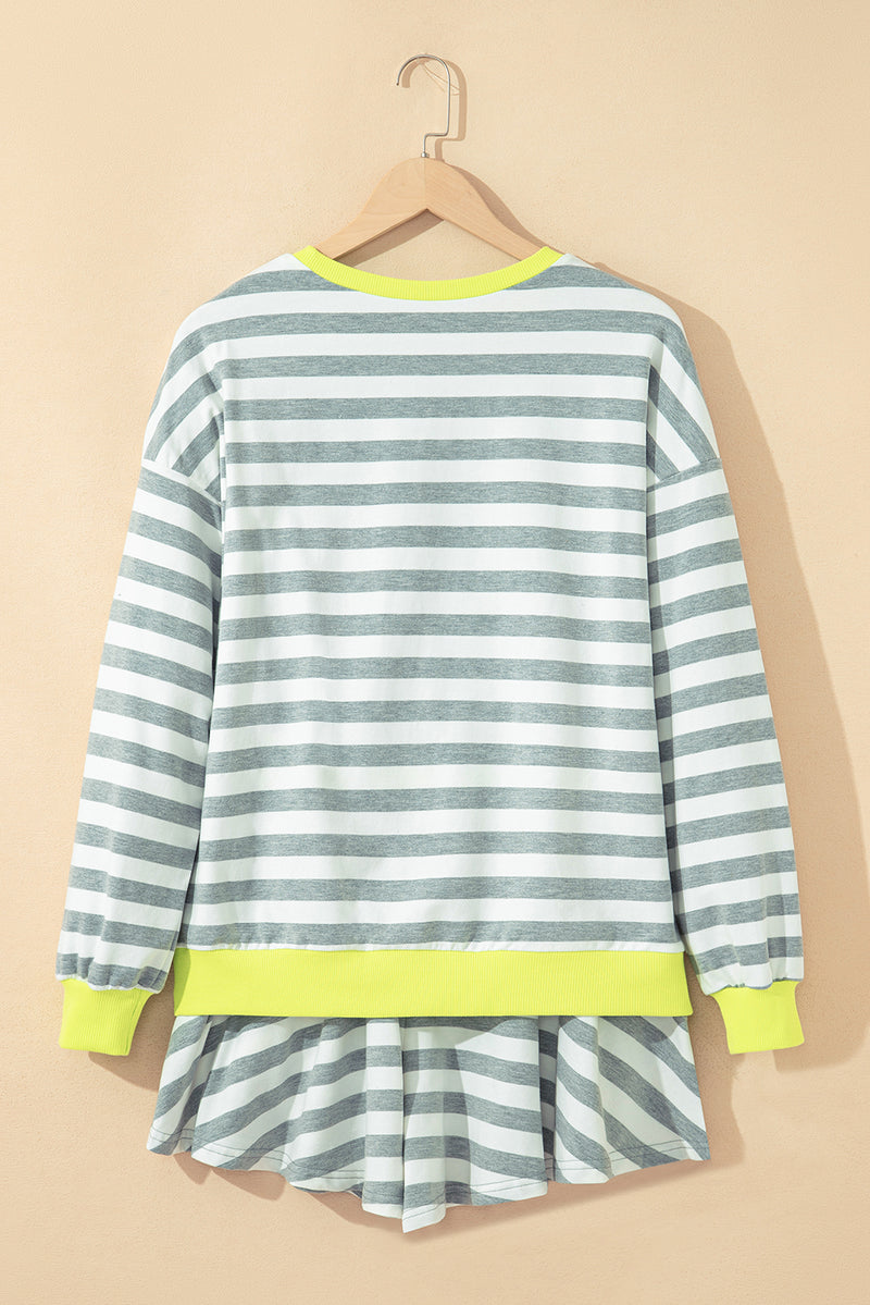 Stripe Contrast Ribbed Banding Long Sleeve Blouse Loose Shorts Set